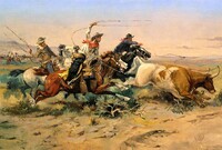 Přesuny krav do měst na jatky trvaly celé týdny i měsíce dlouhého a nebezpečného putování prérií, kovbojové museli chránit svěřená stáda před zloději a Indiány. Zdroj: Wikipedie, Charles Marion Russell